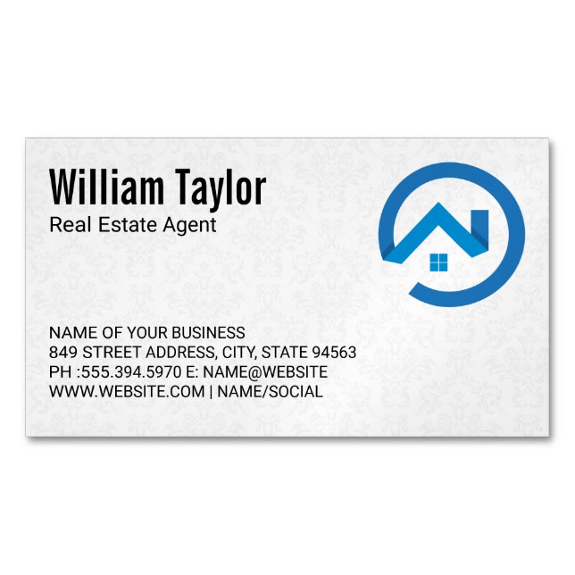 Modern Real Estate Blue Logo | Damask Pattern Magnetic Business Card (Front)