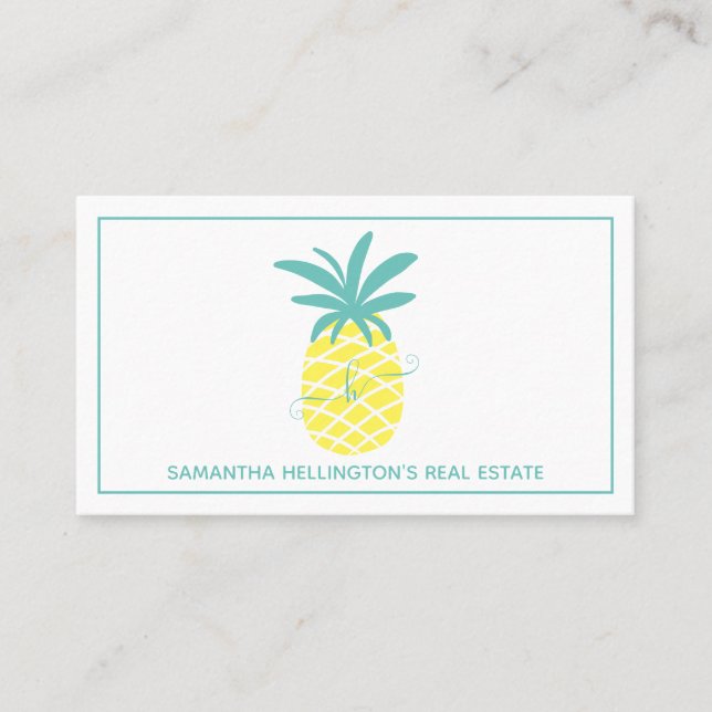 Modern real estate editable pineapple monogrammed business card (Front)