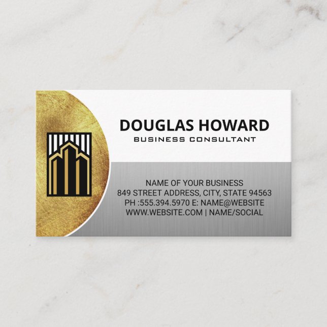 Modern Real Estate Logo | Golden Silver White Business Card (Front)