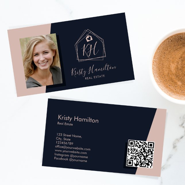 Modern Real Estate Professional Navy Blush QR Code Business Card (Creator Uploaded)