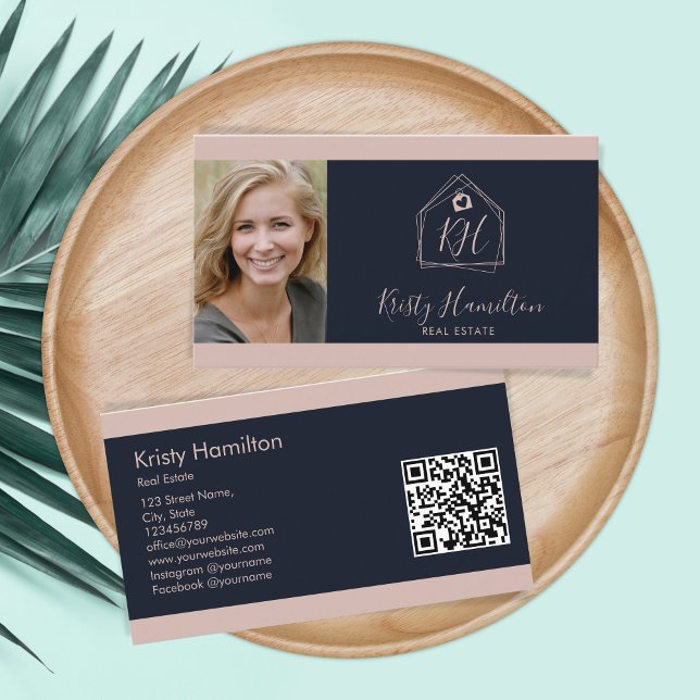 Modern Real Estate Professional Navy Blush QR Code Business Card (Creator Uploaded)
