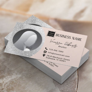 Modern Real Estate Realtor Silver Blush Pink Photo Business Card