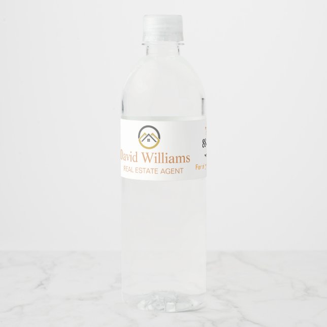 Modern Real Estate white and gold custom logo  Water Bottle Label (Front)