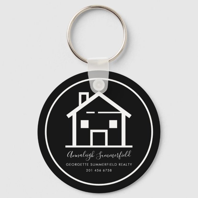 Modern Real Estate White Black Custom House Key Ring (Front)