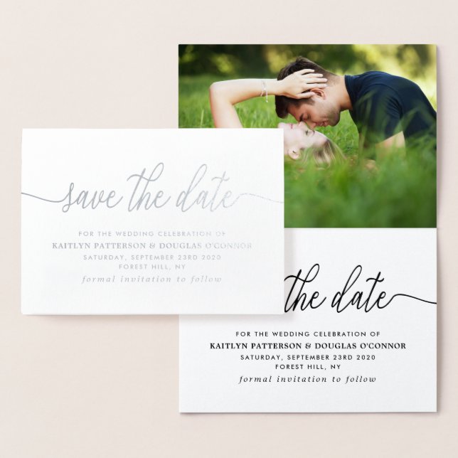 Modern REAL FOIL Script Save The Date Silver Card (Display)