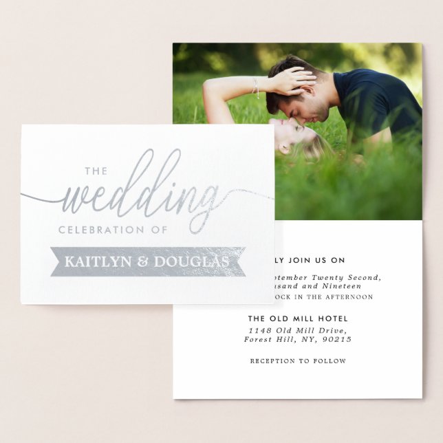 Modern REAL FOIL Script Wedding Invitation Silver (Display)