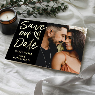 Modern real Gold Calligraphy Save our Date Foil Holiday Postcard