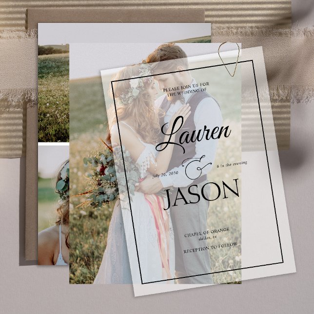 Modern Real Vellum Overlay Simple 3 Photo Wedding Invitation (Creator Uploaded)