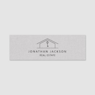 Modern Realtor Home Logo Gray Faux Linen Name Tag