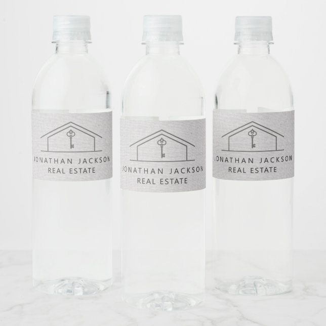 Modern Realtor Home Logo Gray Faux Linen Water Bottle Label (Bottles)