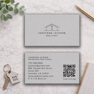 Modern Realtor Home Logo Grey Faux Linen Business Card