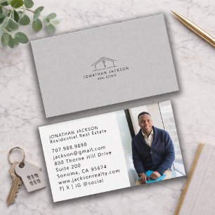 Modern Realtor Home Logo Photo Grey Faux Linen Business Card