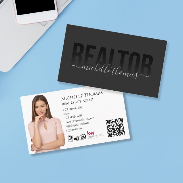Modern Realtor Real Estate Agent Photo QR Code Business Card (modern black typography)