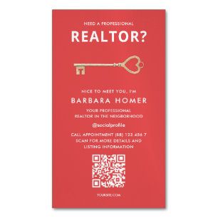 Modern Realtor Real Estate Agent QR Red Magnetic Business Card