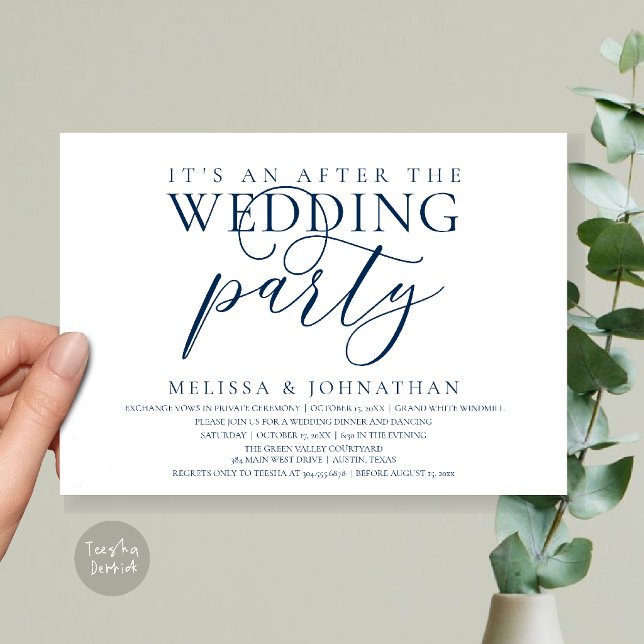 modern reception, It's an after the wedding party Invitation (modern reception, It's an after the wedding Dinner Dancing Party Invitation Card in Navy Blue)