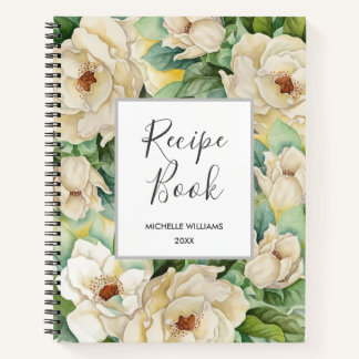 Modern Recipe Book Magnolia Floral Name Watercolor