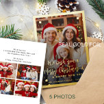 Modern red 5 photo collage Merry Christmas<br><div class="desc">Simple minimal stylish five custom family photos "Merry Christmas and A Happy New Year" (changeable) typography script text overlay Christmas holiday card template with a real gold foil frame and snowflakes. Easy to personalise with your pictures, text, name signature, and wishes on both sides! Please note that the foil colour...</div>