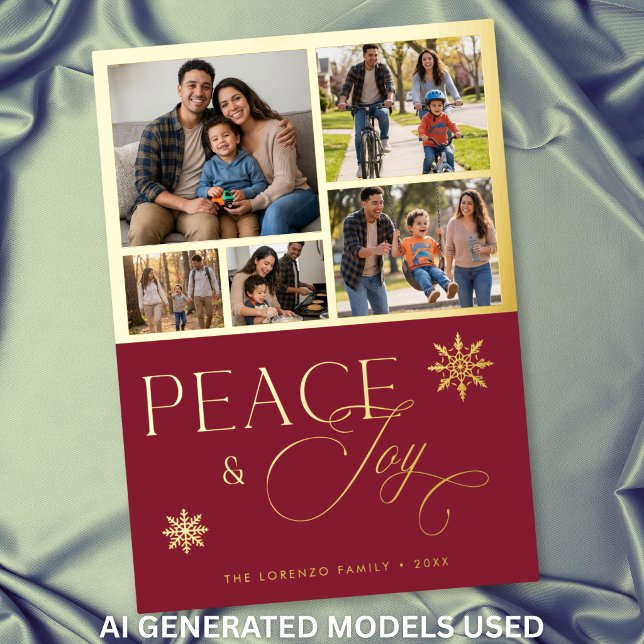Modern Red 5 Photo Collage Peace & Joy (Modern Red 5 Photo Collage Peace & Joy Foil Holiday Card)