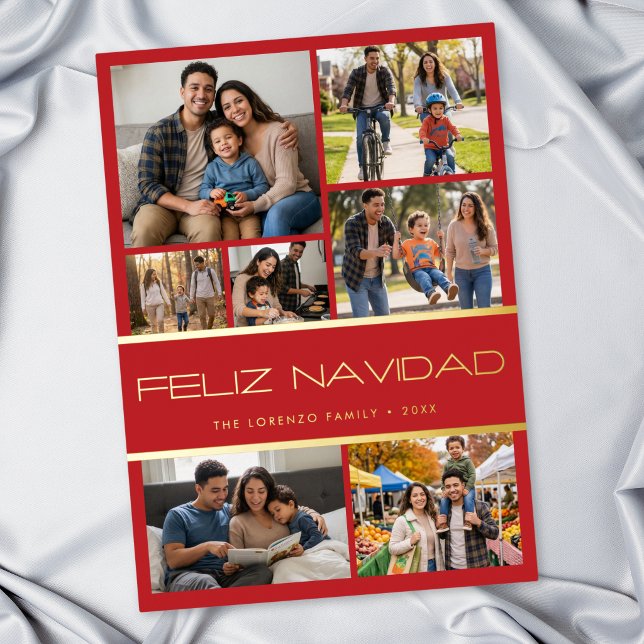 Modern Red 7 Photo Collage Feliz Navidad (Modern Red 7 Photo Collage Feliz Navidad Foil Holiday Card)