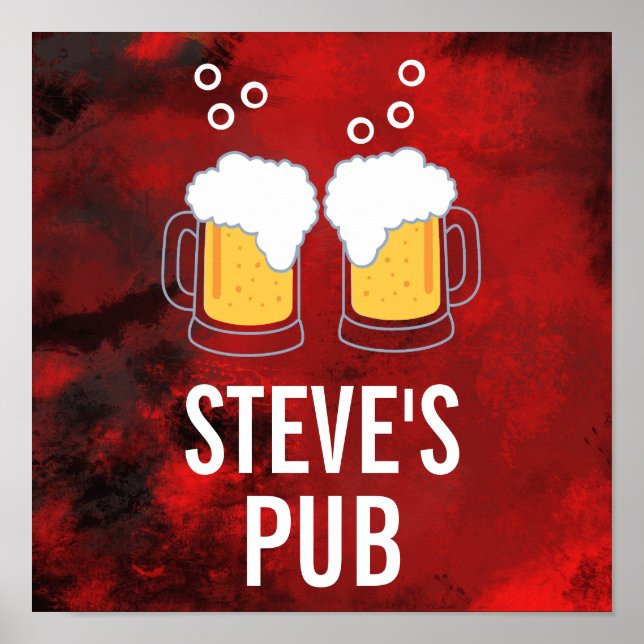 Modern Red Abstract with Beer Mugs - Pub Poster (Front)