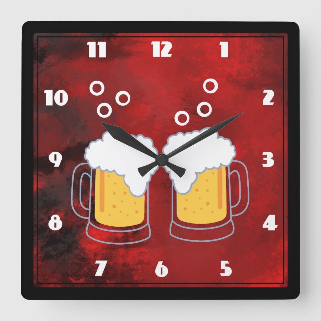 Modern Red Abstract with Beer Mugs Square Wall Clock (Front)