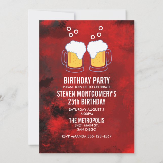 Modern Red Abstract with Beer Steins Birthday Invitation (Front)