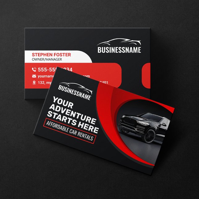 Modern Red Affordable Car Rental Car Hire Auto Business Card (Creator Uploaded)