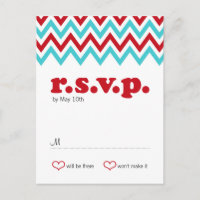 Modern Red and Aqua Chevron & Lovebirds RSVP