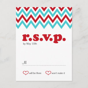 Modern Red and Aqua Chevron & Lovebirds RSVP Invitation Postcard