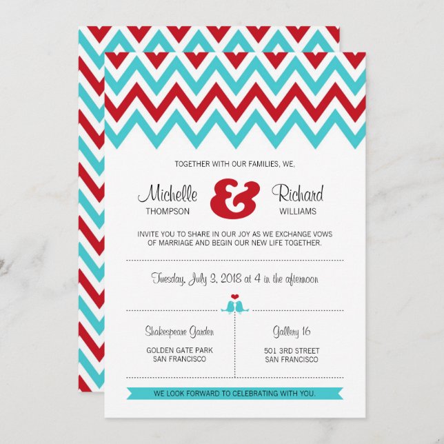 Modern Red and Aqua Chevron & Lovebirds Wedding Invitation (Front/Back)