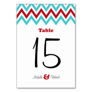 Modern Red and Aqua Chevron & Lovebirds Wedding Table Number