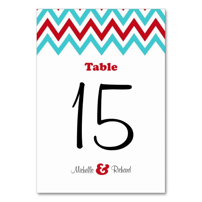 Modern Red and Aqua Chevron & Lovebirds Wedding Table Number (Front)