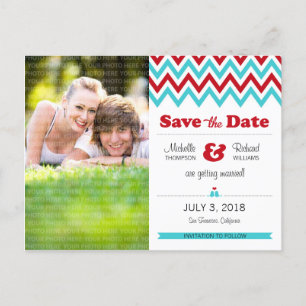 Modern Red and Aqua Chevron Photo Save the Date Announcement Postcard