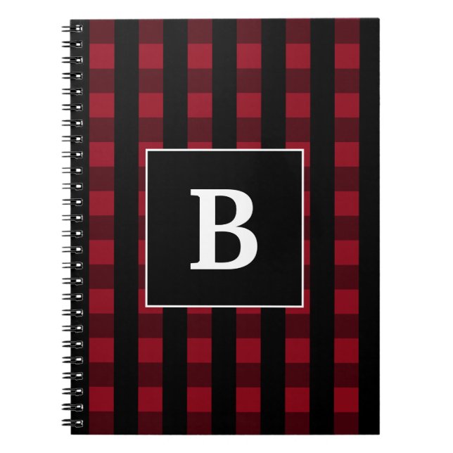 Modern Red And Black Buffalo Plaid Monogram Notebook (Front)