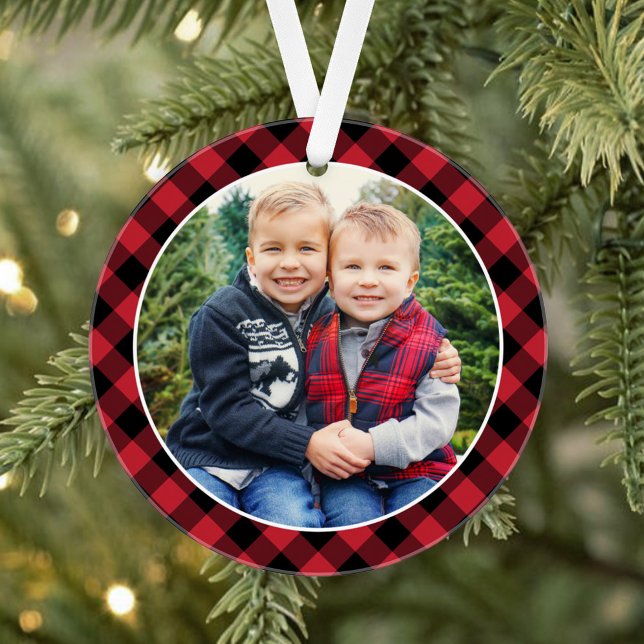 Modern Red and Black Buffalo Plaid Photo Ornament (Creator Uploaded)