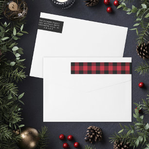 Modern Red and Black Buffalo Plaid Return Address Wrap Around Label