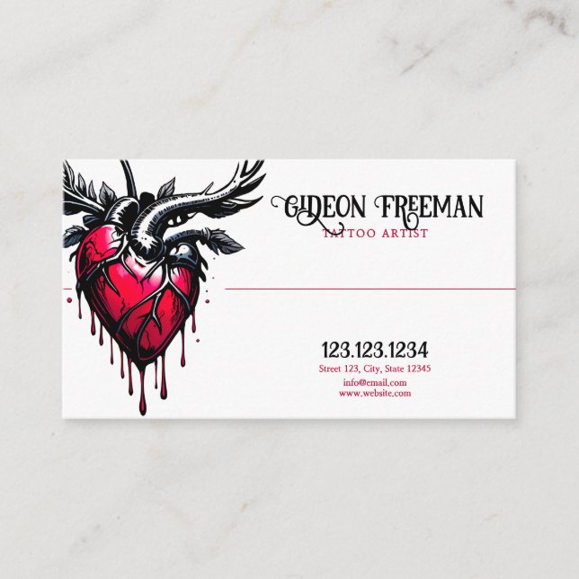 Modern Red and Black Dripping Heart Tattoo Artist Business Card (Front)