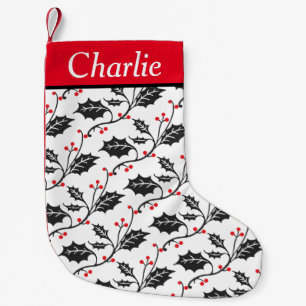 Modern Red and Black Holly Pattern Personalised Small Christmas Stocking