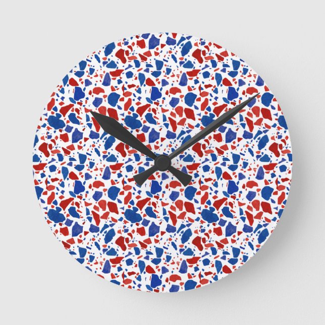 Modern Red and Blue Terrazzo Pattern – Patriotic  Round Clock (Front)