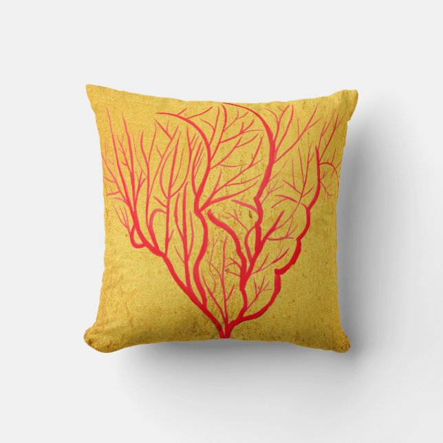 Modern red and gold fire coral nature art cushion (Front)