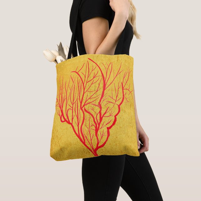 Modern red and gold fire coral nature art tote bag (Close Up)