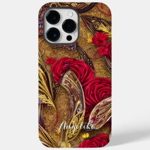 Modern Red and Gold Floral Custom Name Case-Mate iPhone 14 Pro Max Case