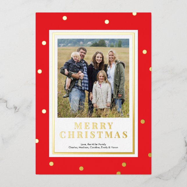 Modern Red and Gold Foil Christmas Photo Card (Front)