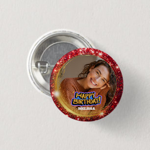 Modern Red and Gold Glitter Photo Name Birthday 3 Cm Round Badge