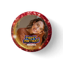 Modern Red and Gold Glitter Photo Name Birthday