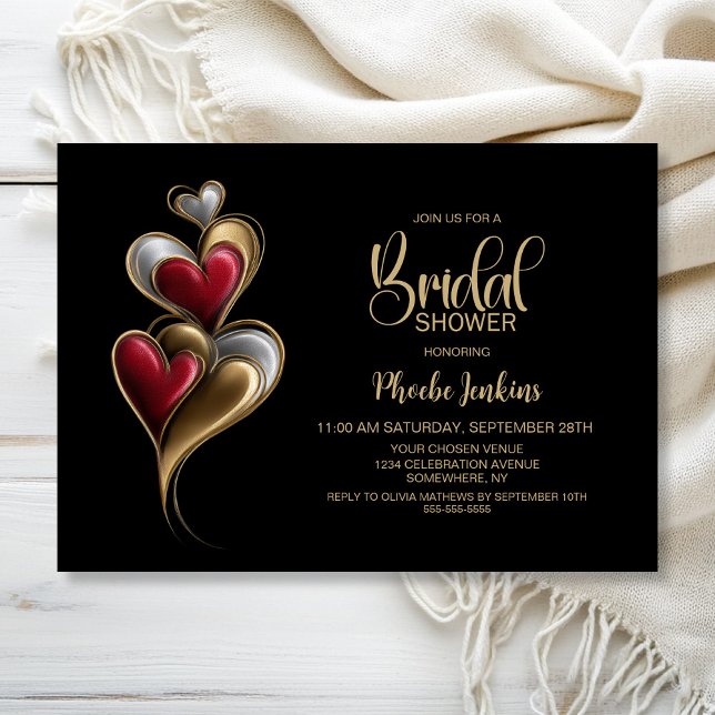 Modern Red and Gold Hearts Bridal Shower Invitation (Creator Uploaded)