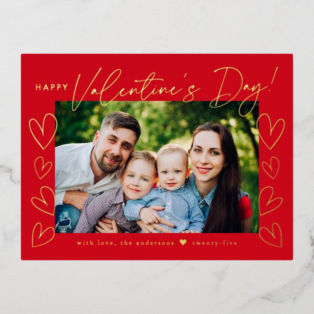 Modern Red and Gold Script Valentine's Day Photo Foil Holiday Postcard (Front)