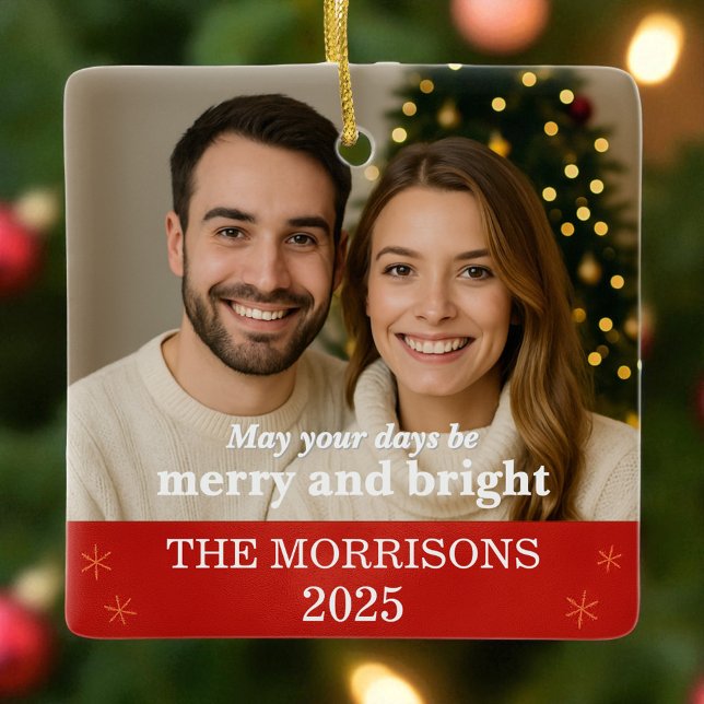 Modern Red and Gold Snowflake Family Photo Ceramic Ornament (Creator Uploaded)