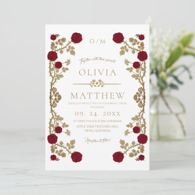 Modern Red and Golden⎮Boho Rose Vine Wedding Invitation (Standing Front)