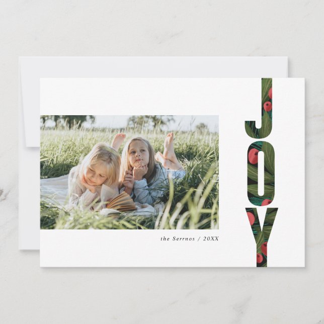 Modern Red and Green Botanical Joy Holiday Photo (Front)